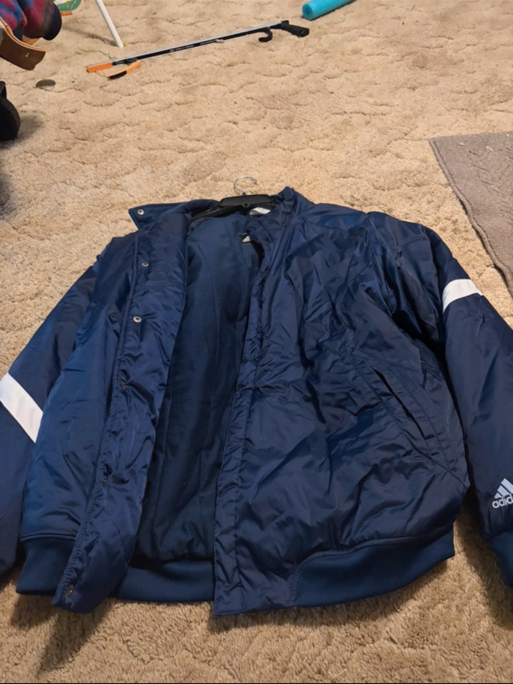 adidas Men's Navy Windbreaker Jacket with White Sleeve Stripes